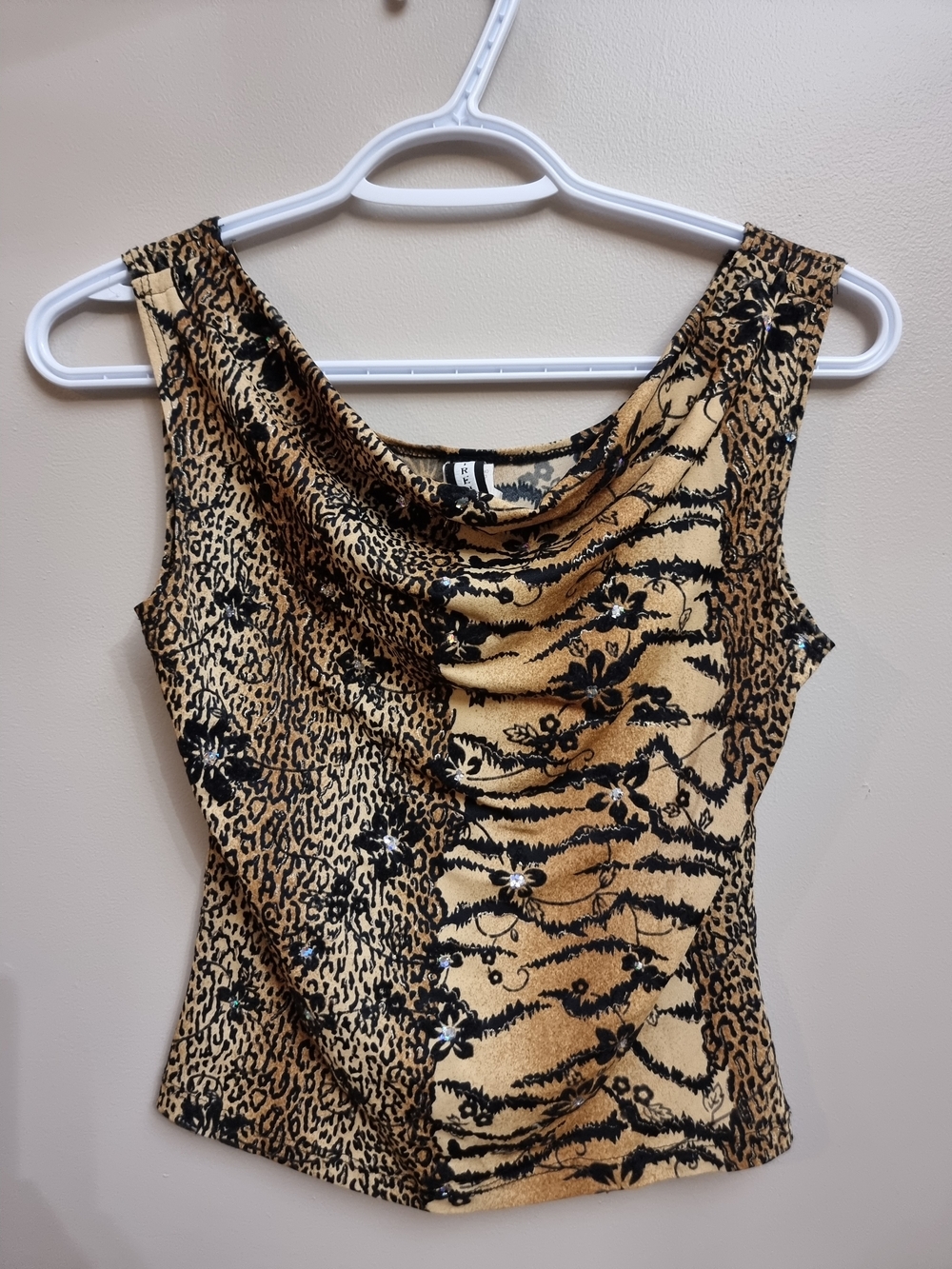 Y2K Animal Print Cowl Neck Tank Dress - Black & Tan